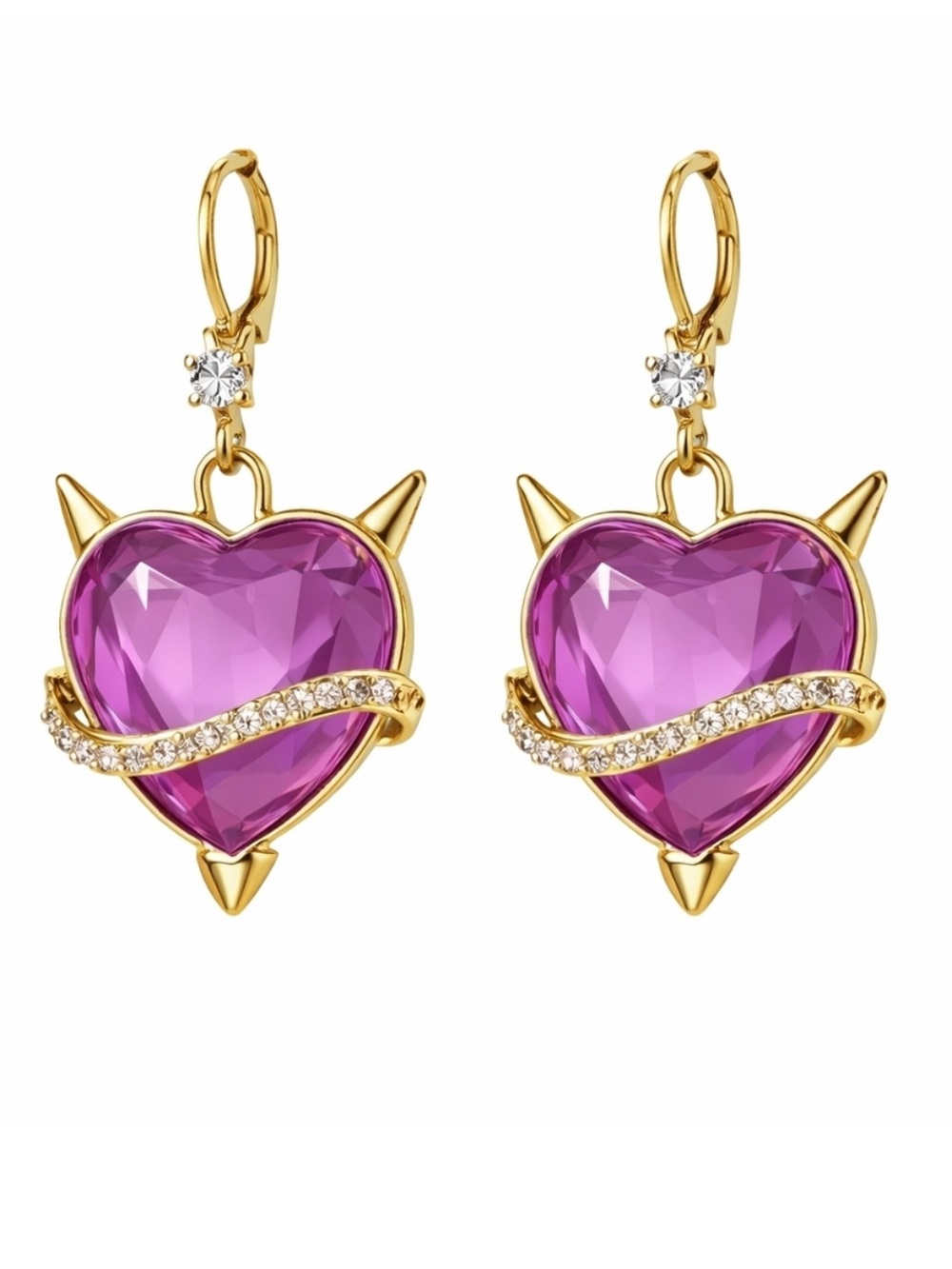 Betsey Johnson Faceted Purple Heart Devil Earrings with Rhinestone Band NIB